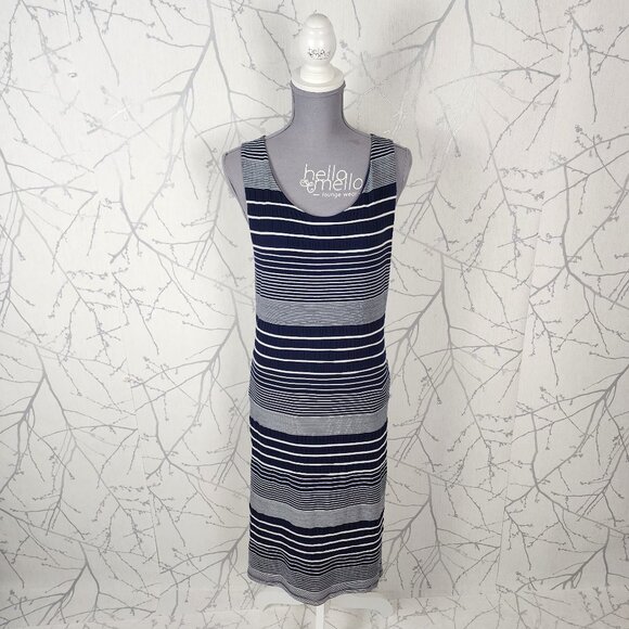 Maeve Navy Stripe Crinkle Stretch Round Neck Midi Dress - Picture 2 of 7